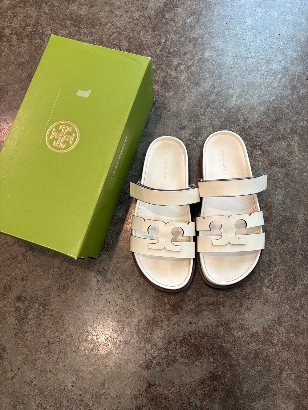 Tory Burch Ivory Leather Double-Strap Slide Sandals